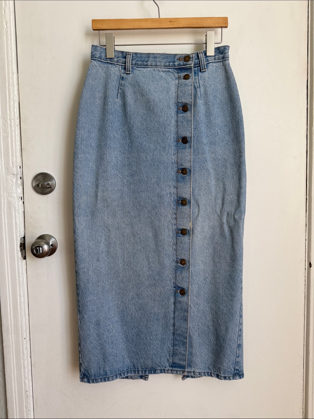 Classic Light Blue Denim Button-Front Midi Skirt
